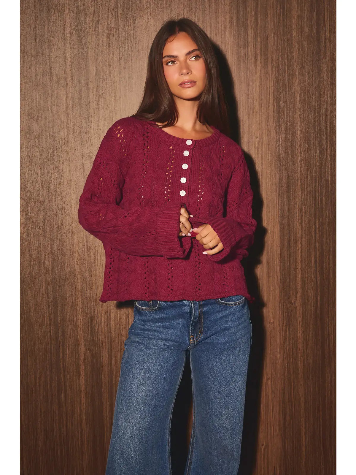 Cable Knit Pointelle Henley Oversized Sweater