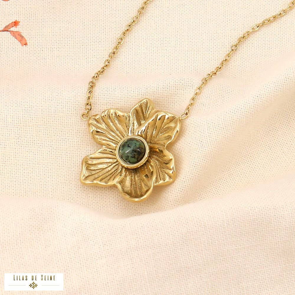 Lotus flower cabochon stone pendant necklace 0123600: Fuchsia