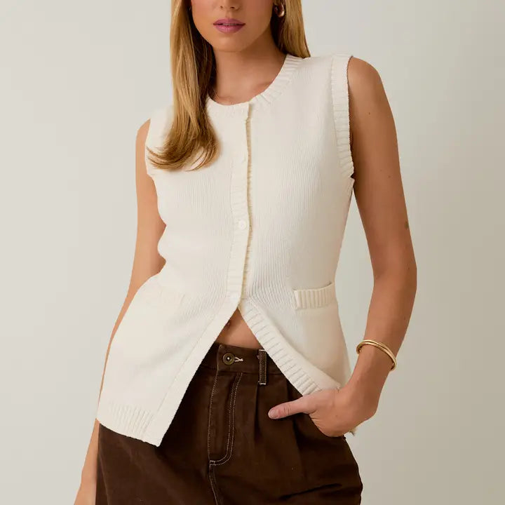 Button Down Knit Vest - White