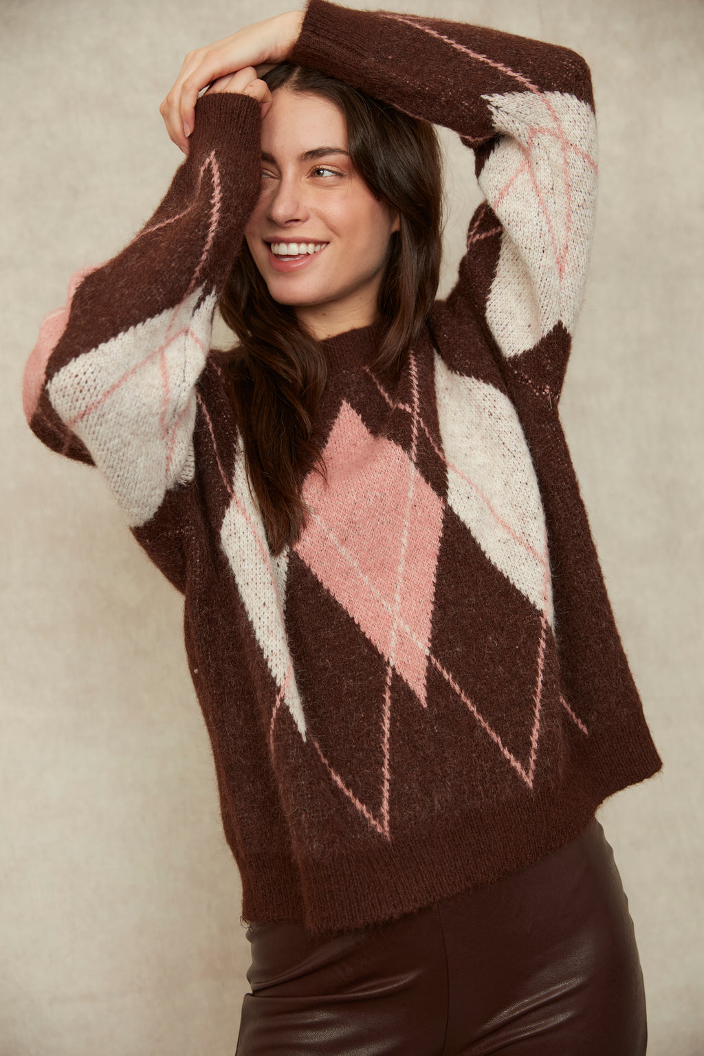 Olinda Long Sleeve Argyle - Brown/Pink