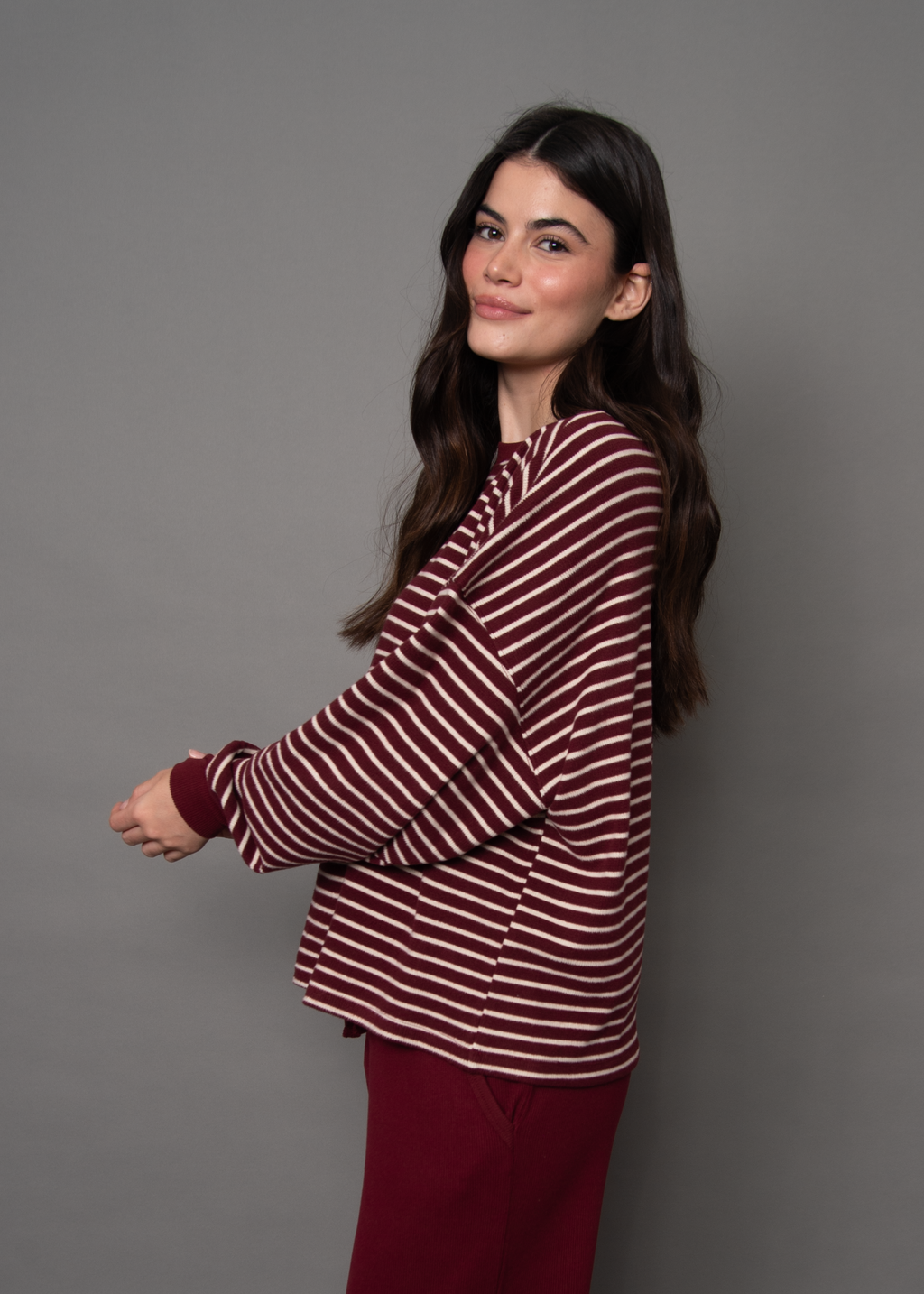 Colbert Striped Waffle Sweater - Burgundy