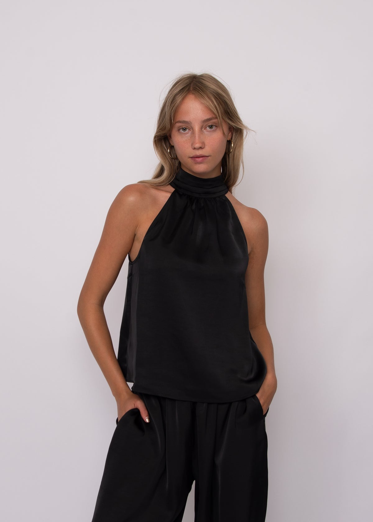 Lysell Satin Halter Top w/ knot tie