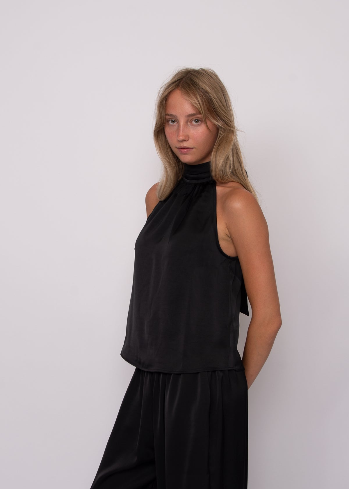 Lysell Satin Halter Top w/ knot tie