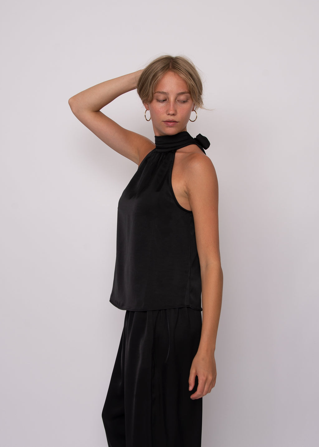 Lysell Satin Halter Top w/ knot tie
