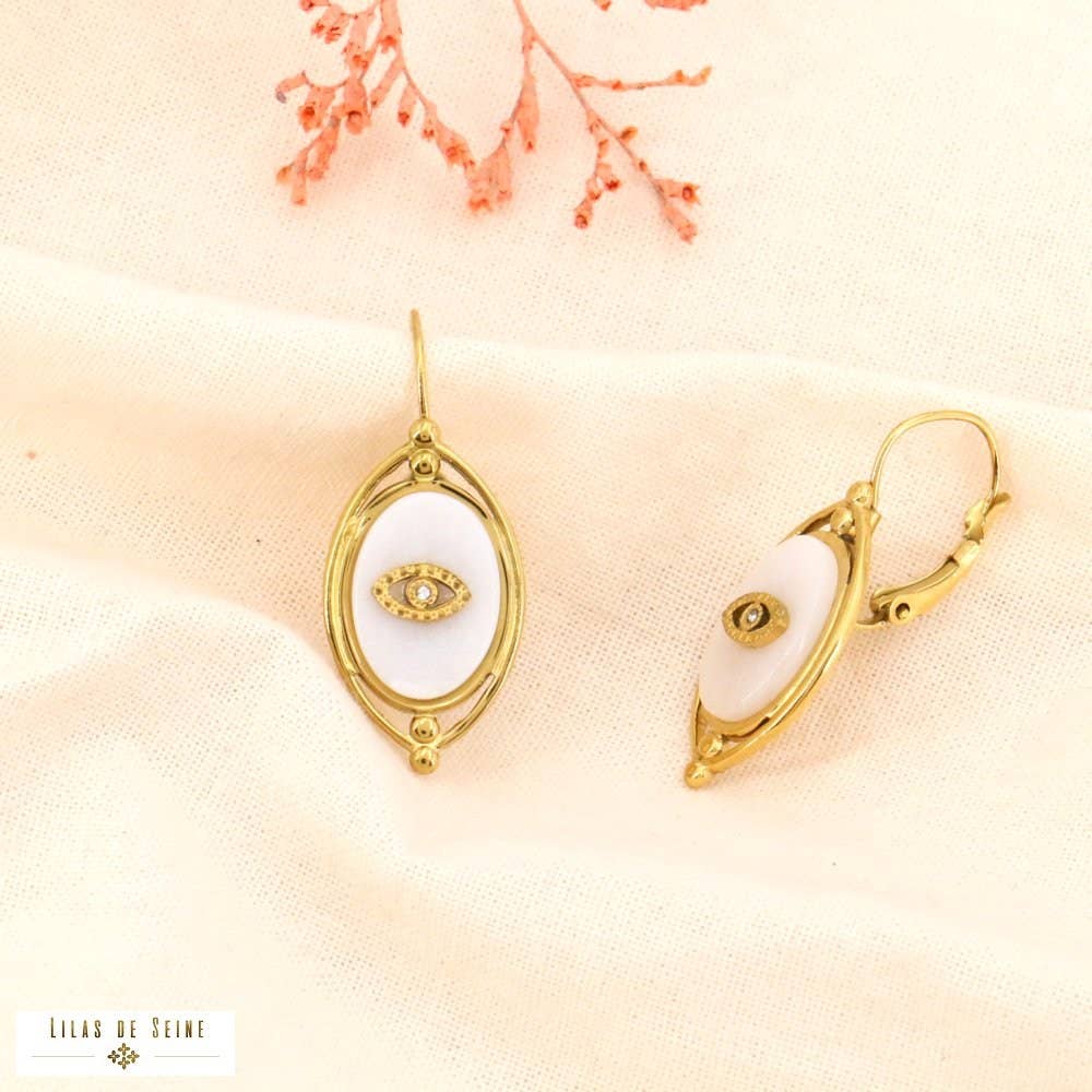 Stainless steel earrings. natural stone eye 0324029: Dark blue