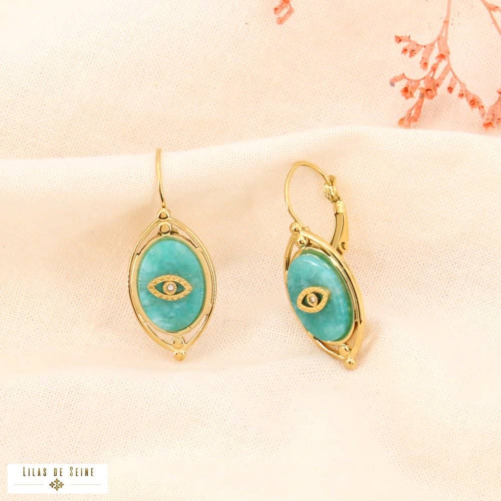 Stainless steel earrings. natural stone eye 0324029: Dark blue
