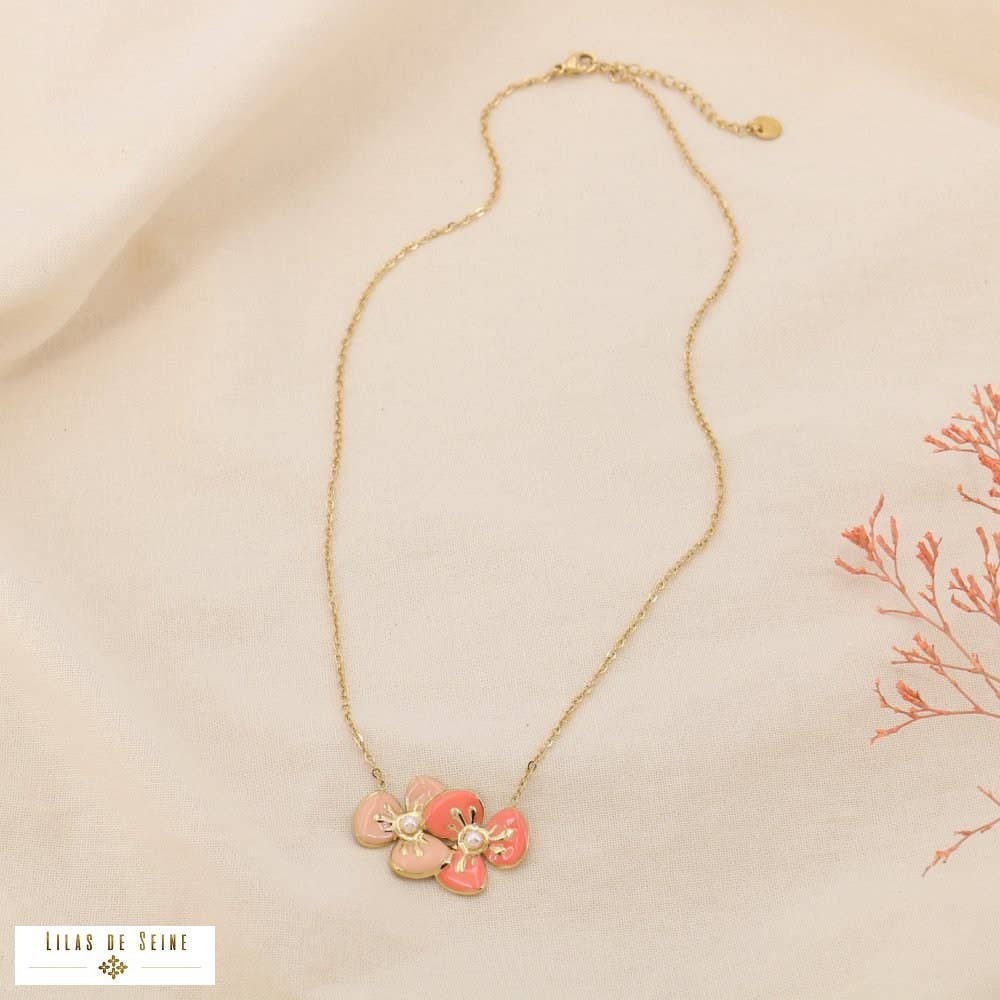 Steel Necklace Duo of Flowers Enamel Pendant 0125032: Yellow
