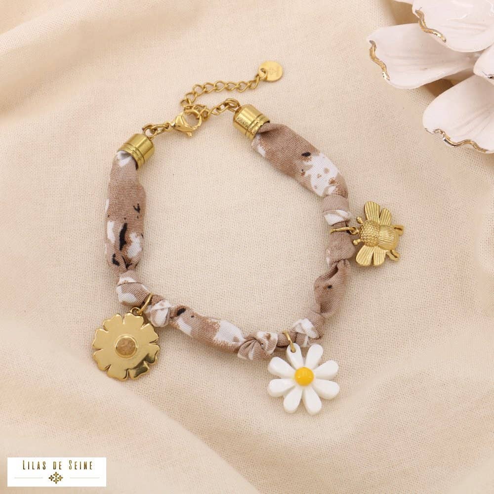 Floral fabric steel bracelet with charms knotted 0225054: Pink