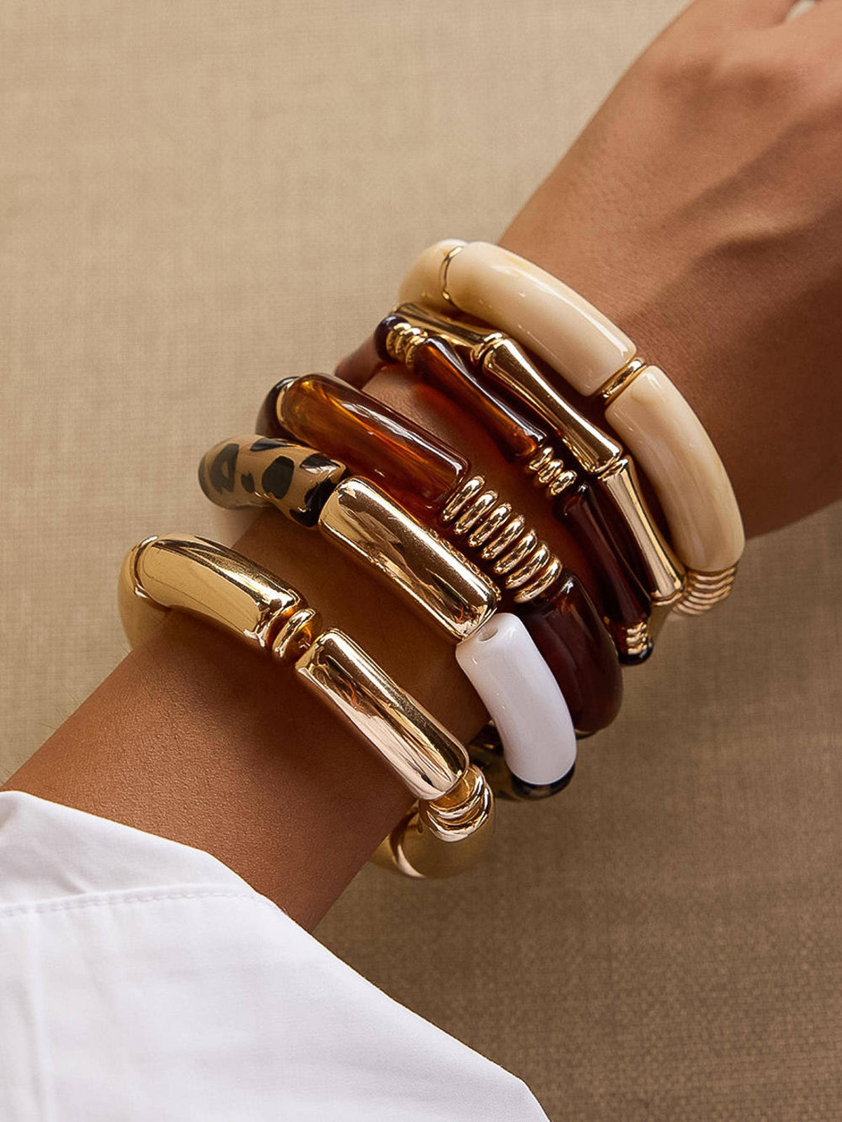 Cove 18K Gold Non-Tarnish Bangle Set: Brown