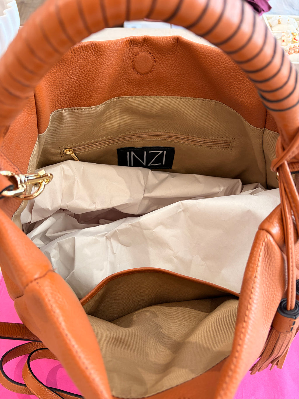 Inzi Handbag Genuine Leather Tan