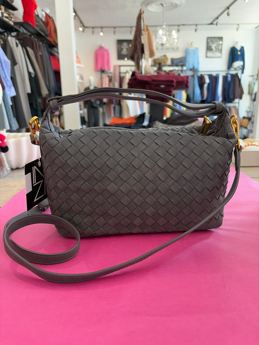 Inzi Faux Suede Woven Crossbody Grey