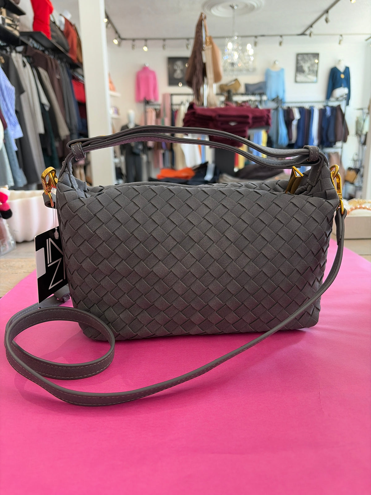 Inzi Faux Suede Woven Crossbody Grey