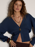 Apricot Hammered Gold Button Cardigan - Teal