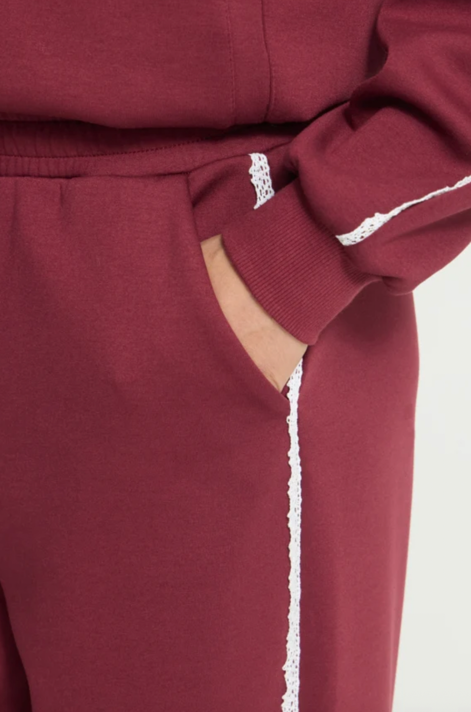 Dark Red Wide Leg Pants with Lace Trim