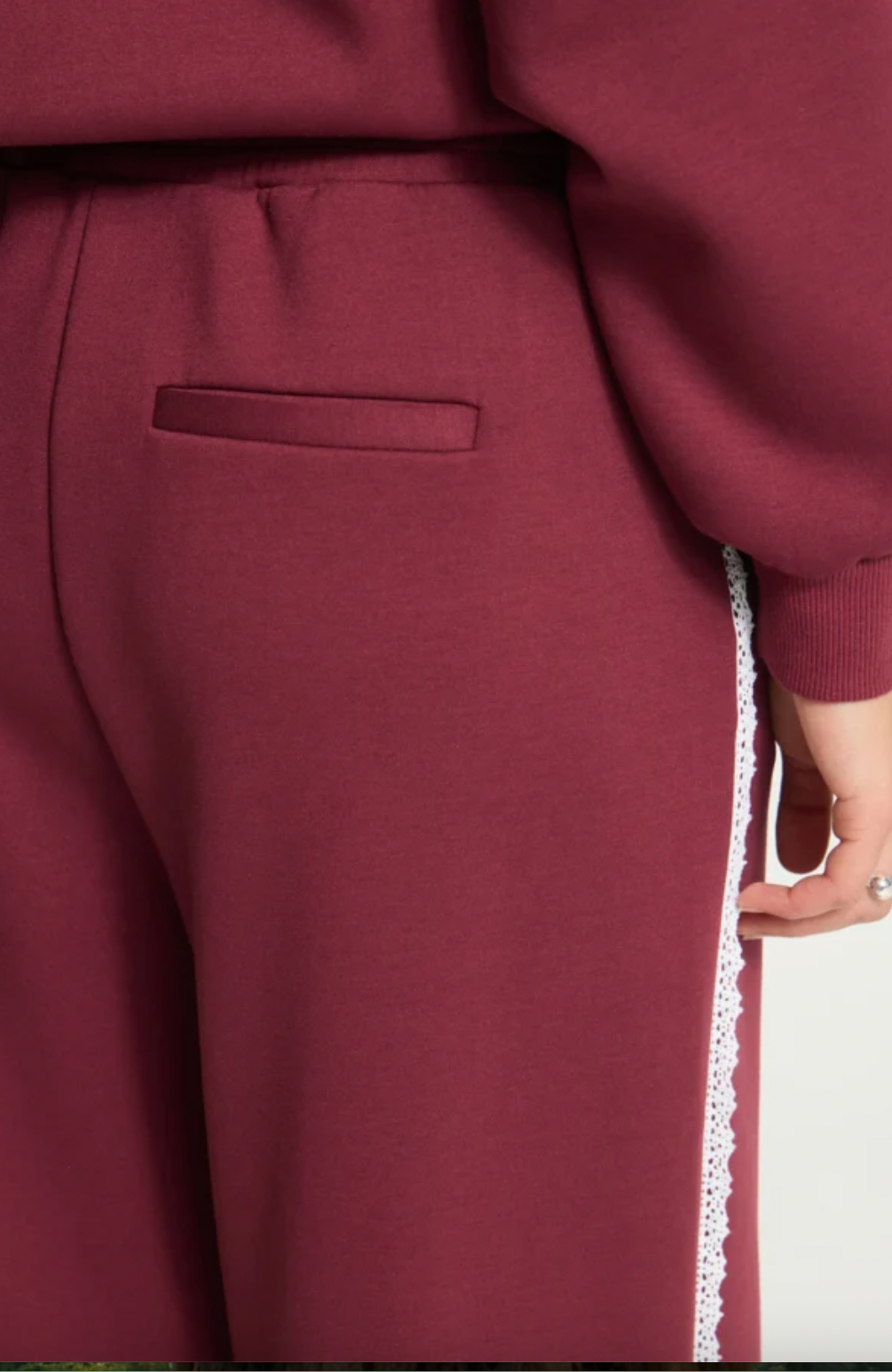 Dark Red Wide Leg Pants with Lace Trim