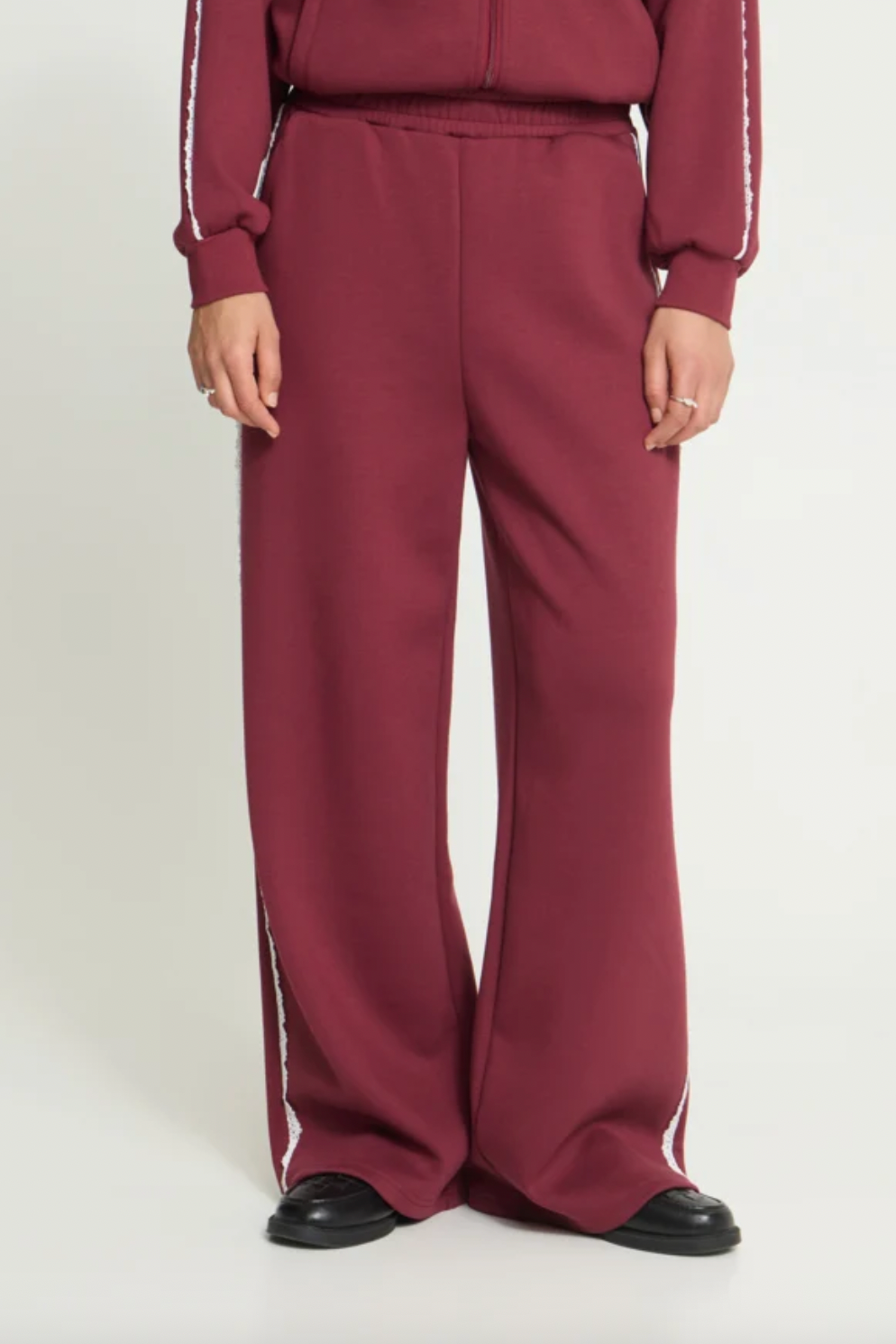 Dark Red Wide Leg Pants with Lace Trim