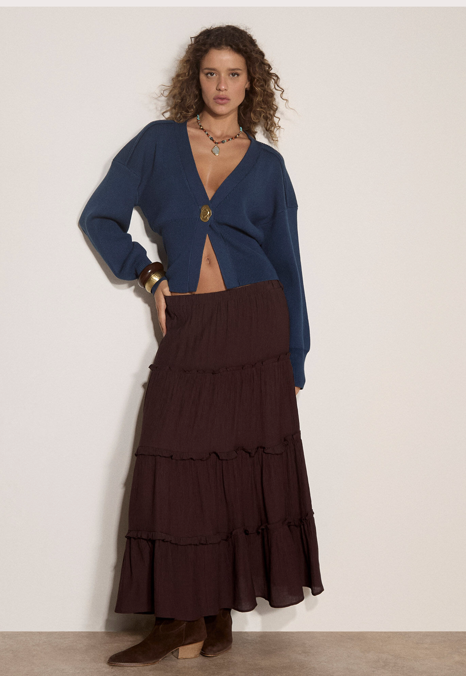 Apricot Hammered Gold Button Cardigan - Teal
