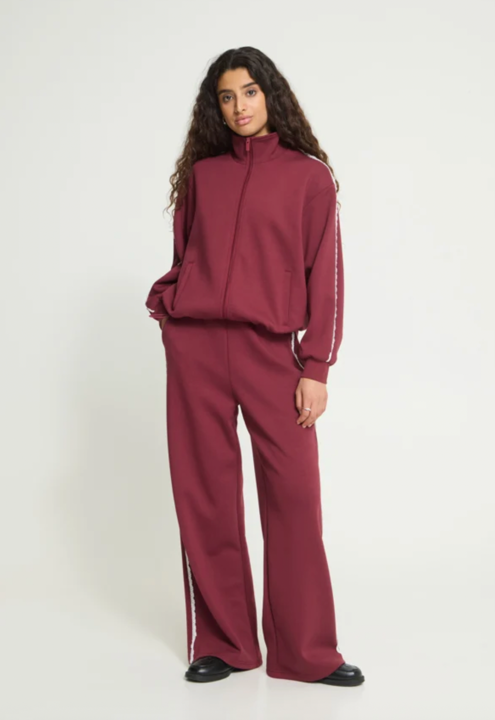 Dark Red Wide Leg Pants with Lace Trim