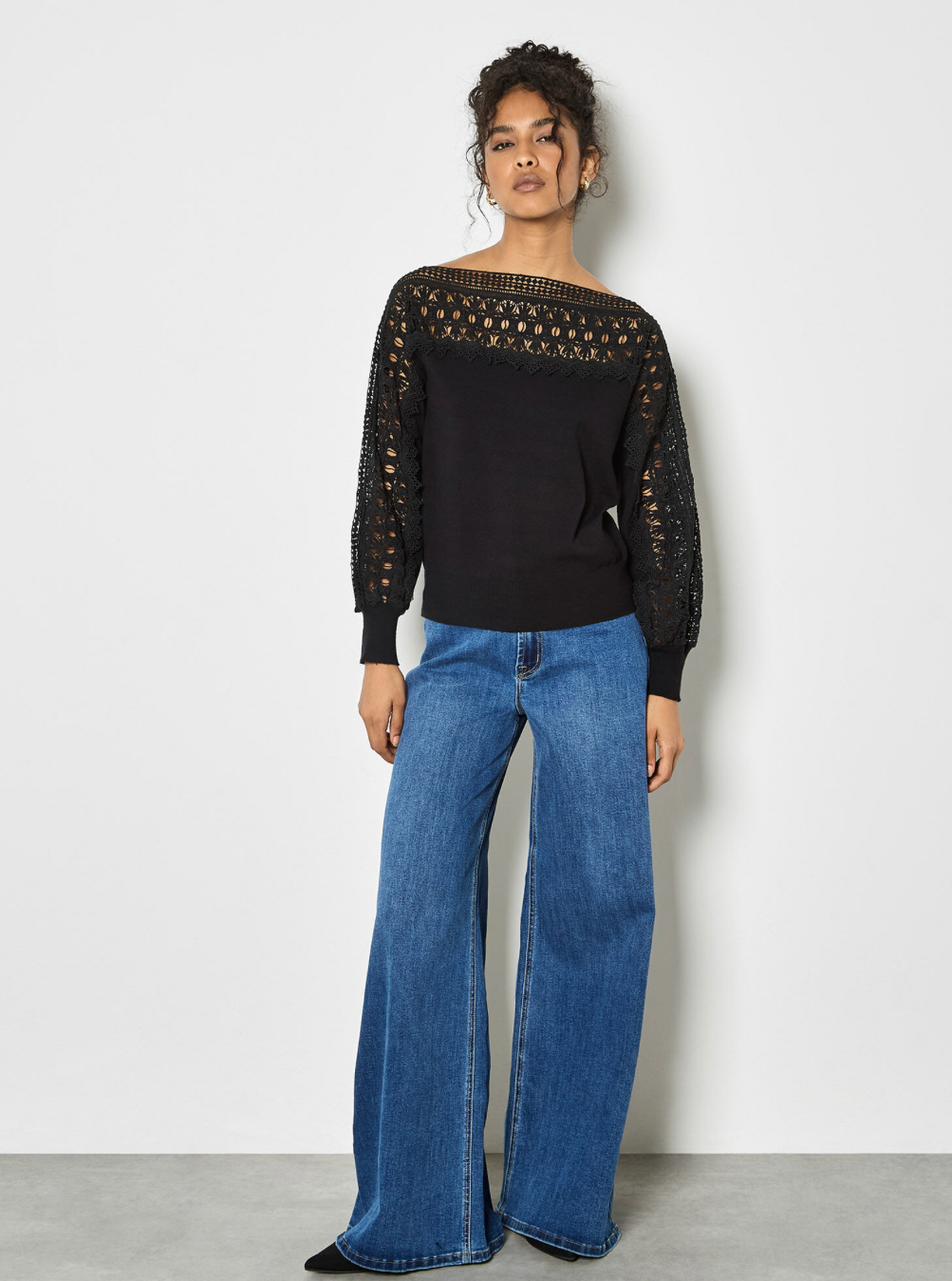 Apricot- Black Lace Neck And Sleeve Detail Jumper
