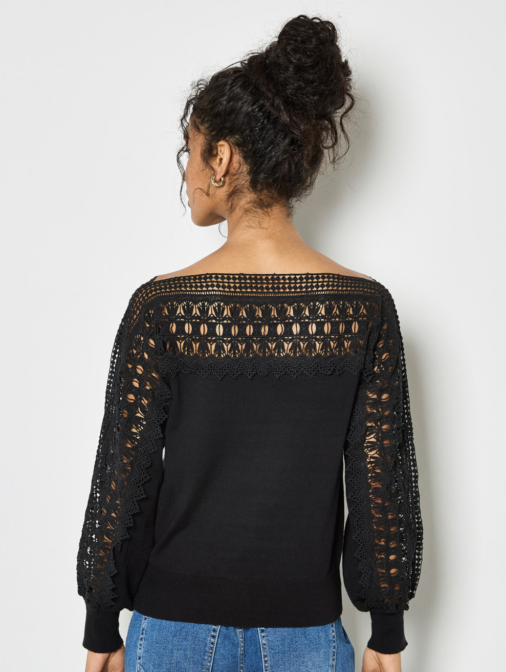 Apricot- Black Lace Neck And Sleeve Detail Jumper