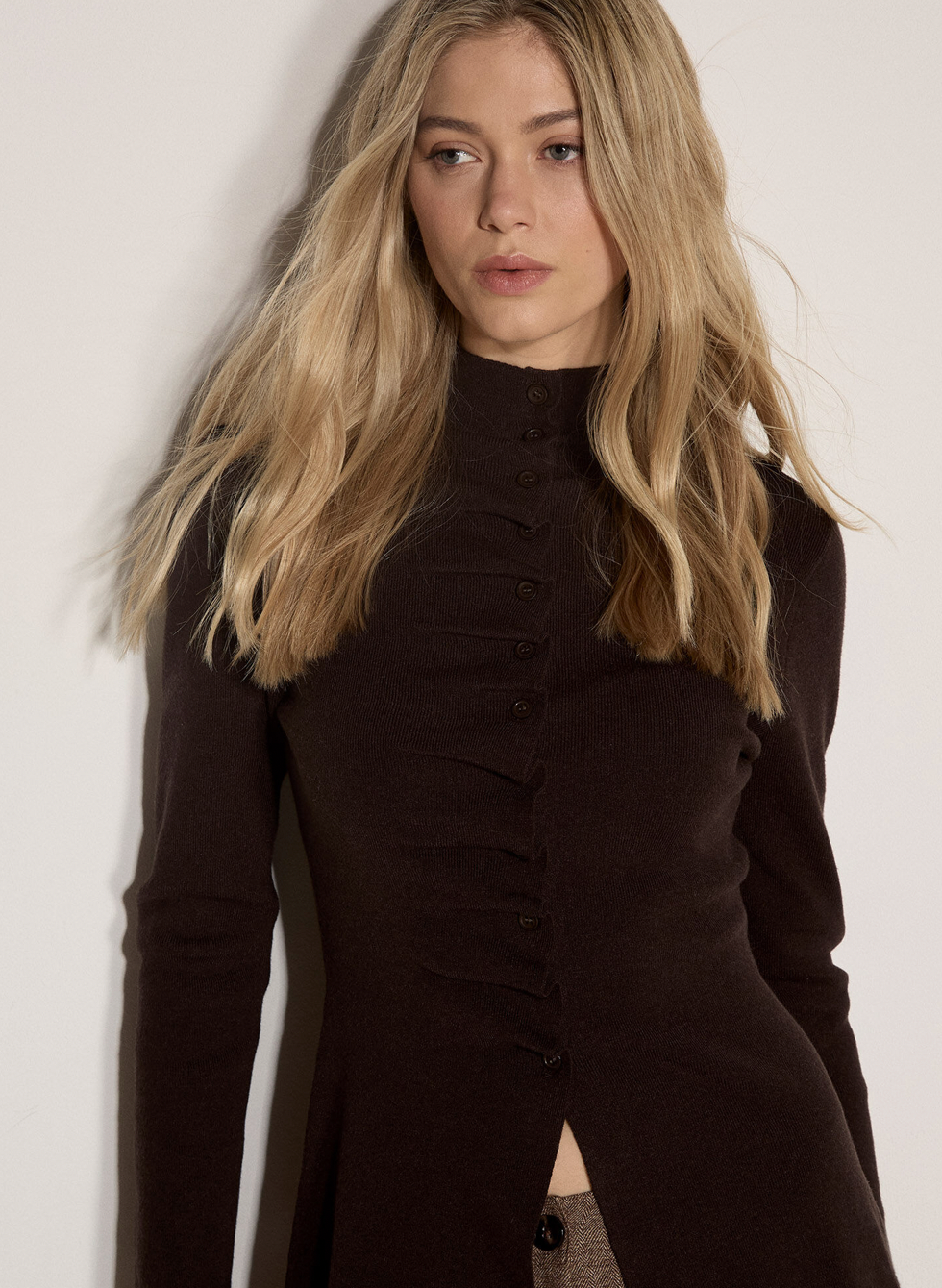 Apricot - Brown Pleat Button Knit Top