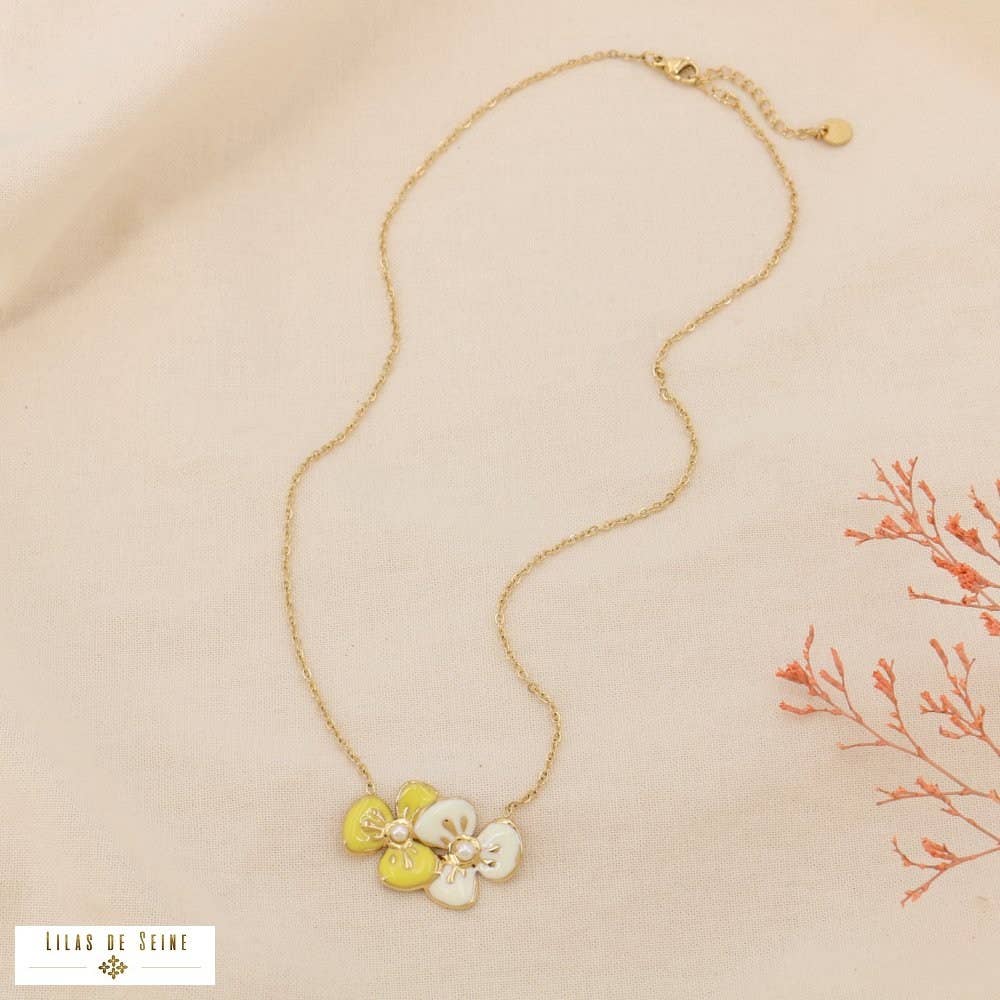 Steel Necklace Duo of Flowers Enamel Pendant 0125032: Yellow