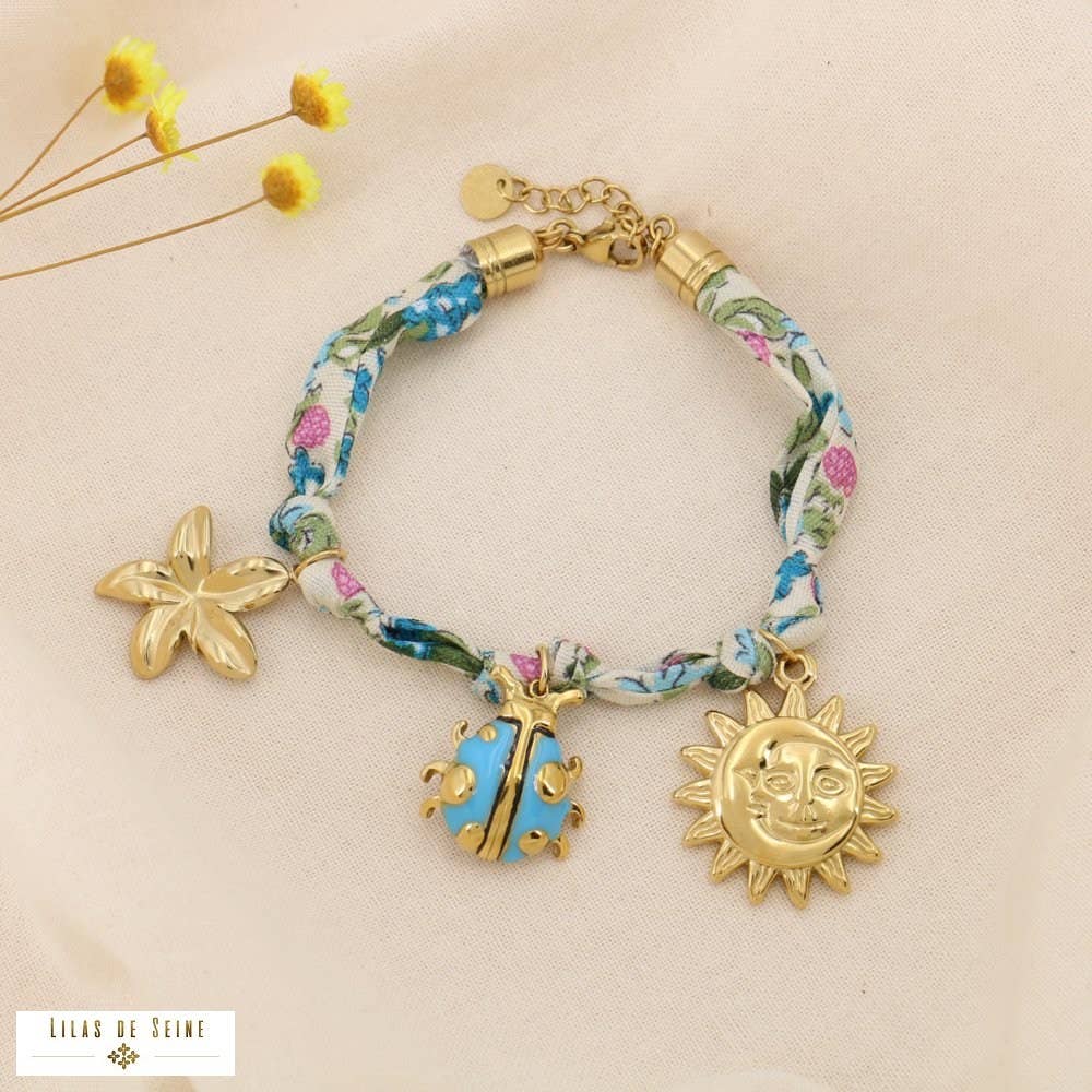 Bohemian floral fabric steel bracelet with charms knotted 0225038: Green