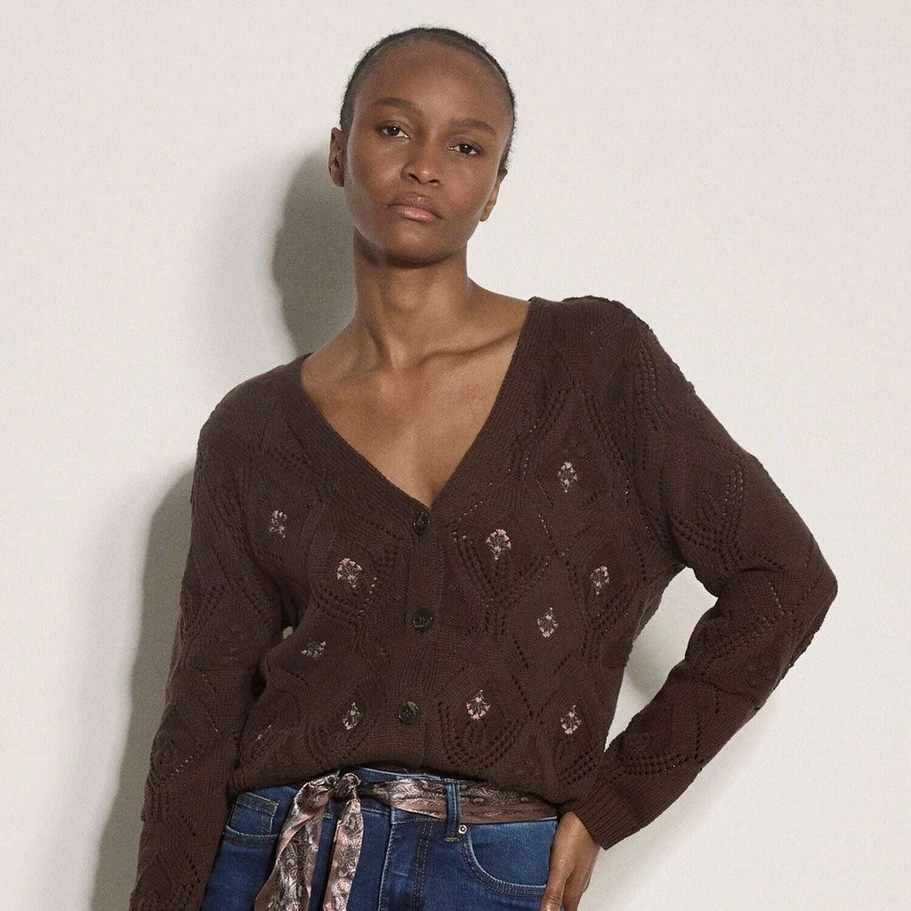 Apricot Embroidery Pointelle Knit Cardigan