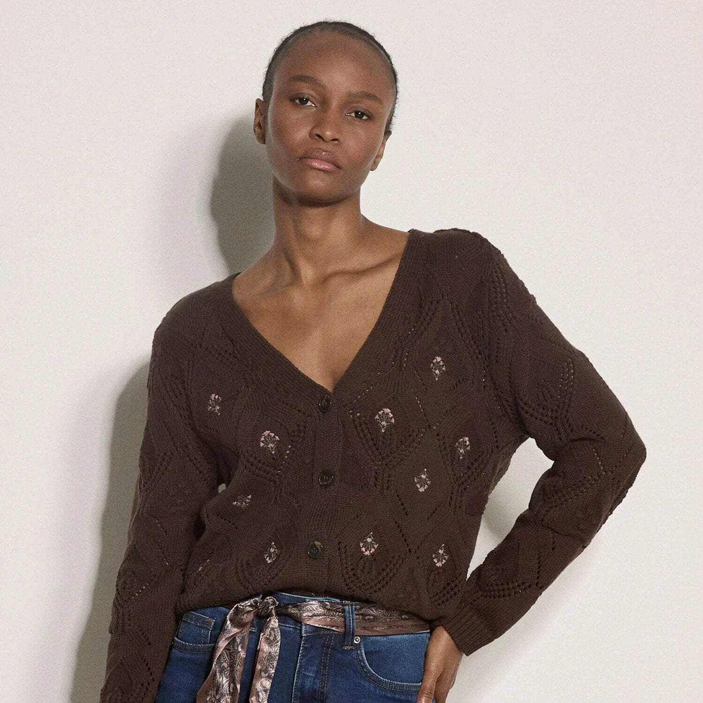 Apricot Embroidery Pointelle Knit Cardigan