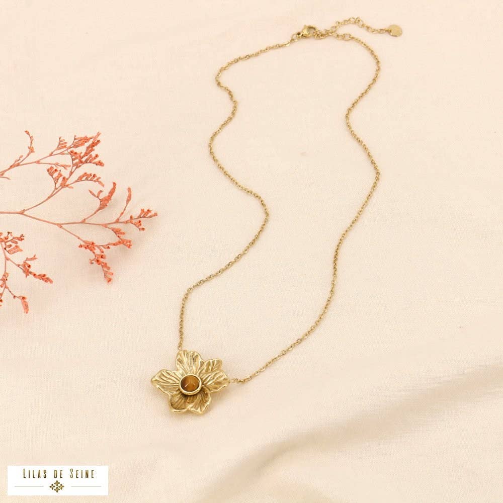 Lotus flower cabochon stone pendant necklace 0123600: Fuchsia