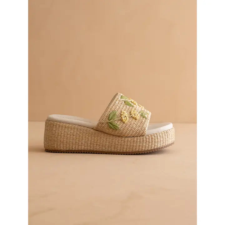 The Taniya | Natural Embroidered Raffia Platform Slide