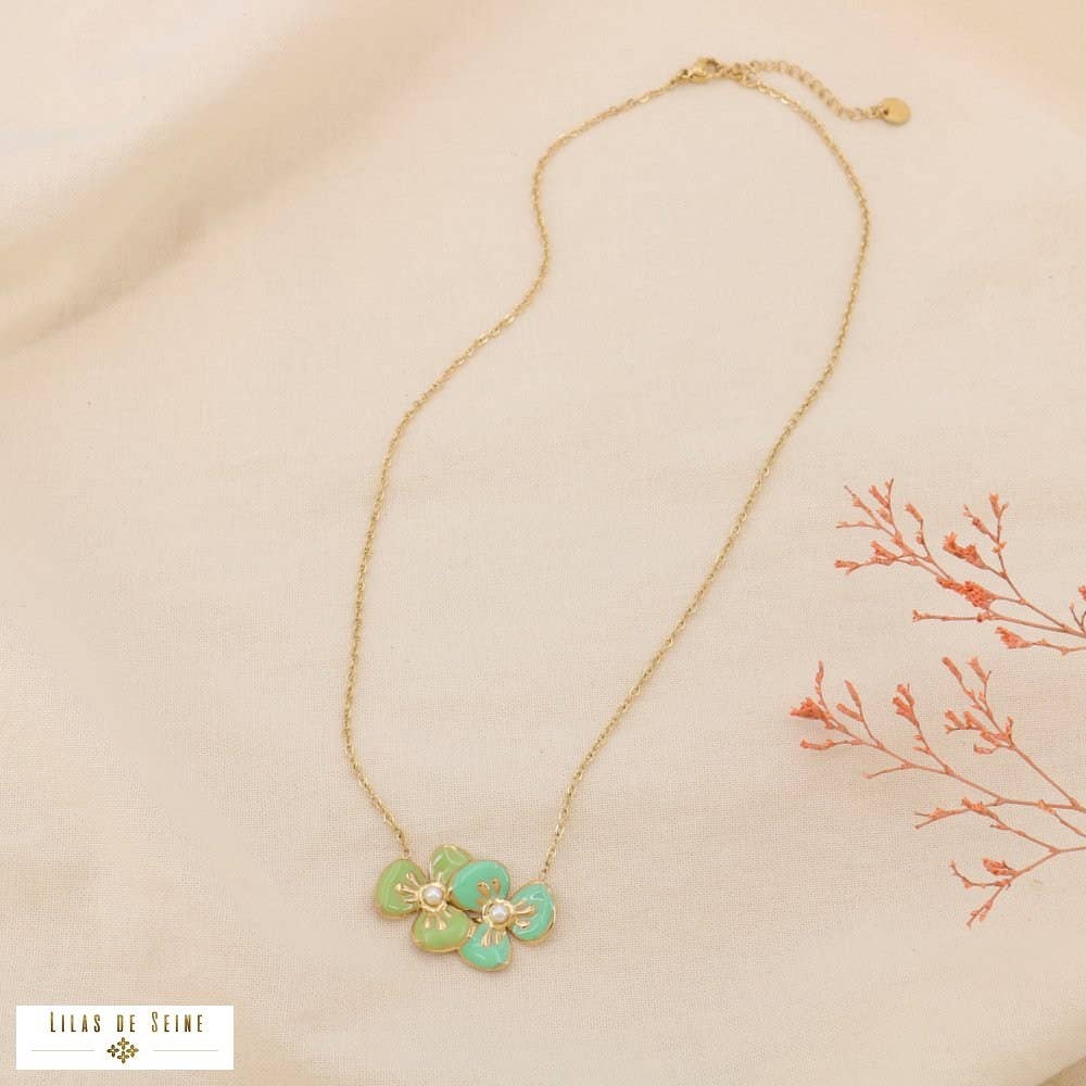 Steel Necklace Duo of Flowers Enamel Pendant 0125032: Yellow