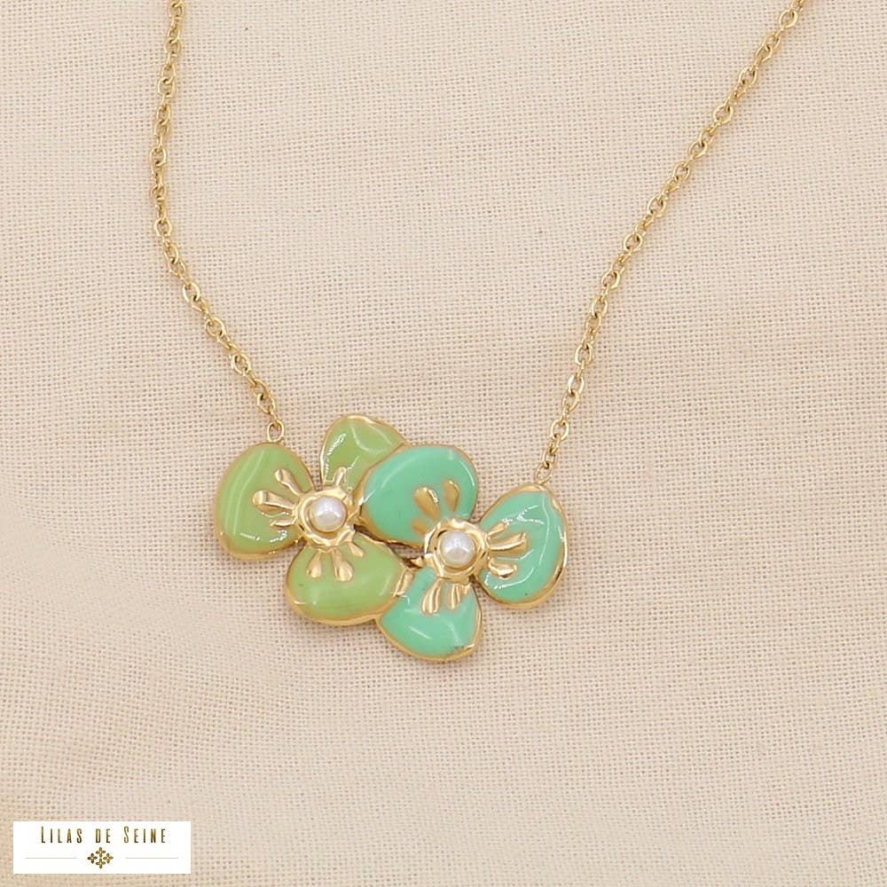 Steel Necklace Duo of Flowers Enamel Pendant 0125032: Yellow