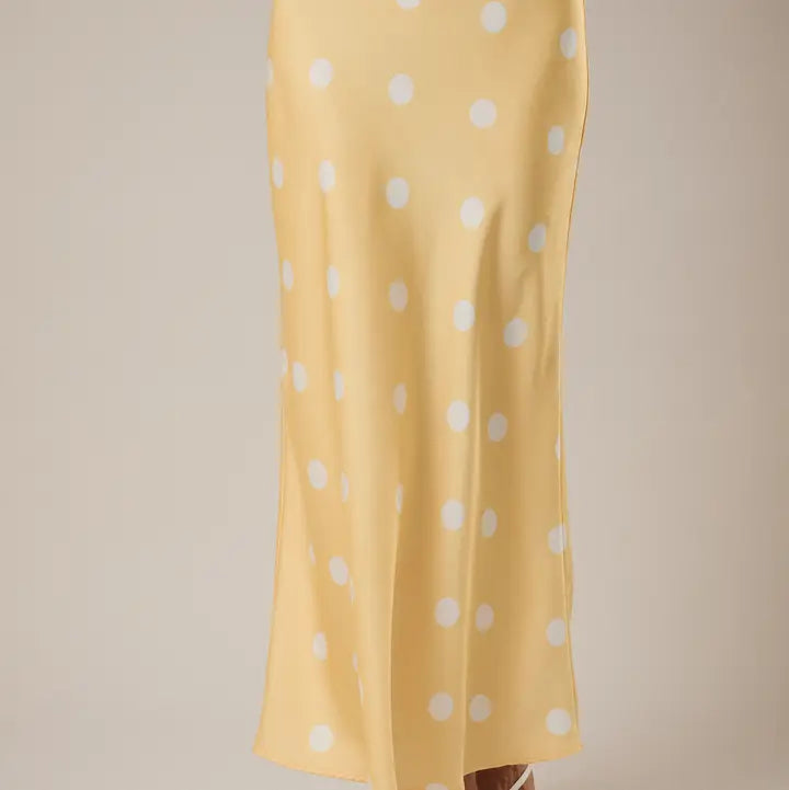 Satin Midi Skirt with Elastic Waist in Polka Dot