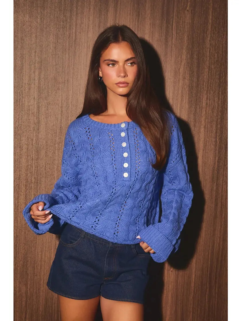 Cable Knit Pointelle Henley Oversized Sweater
