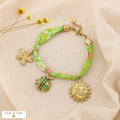 Bohemian floral fabric steel bracelet with charms knotted 0225038: Green