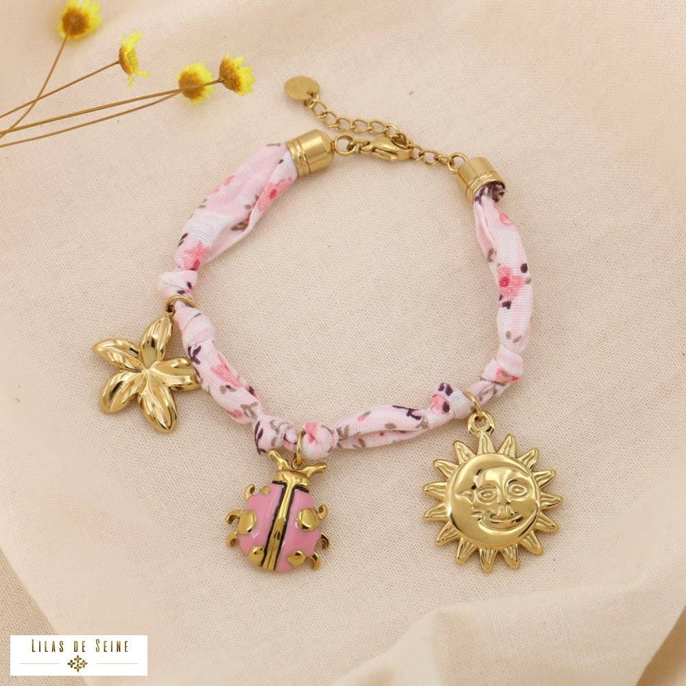 Bohemian floral fabric steel bracelet with charms knotted 0225038: Green