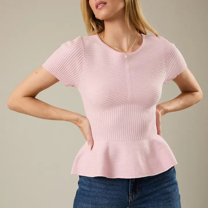 Round Neck Short Sleeve Peplum Ribbed Top