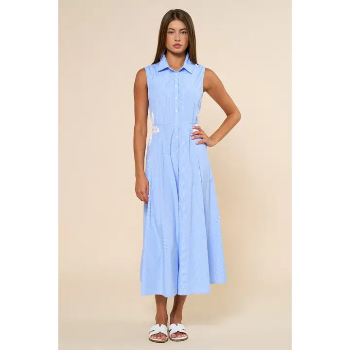 Embroidered Flower Detail Collared Maxi Dress