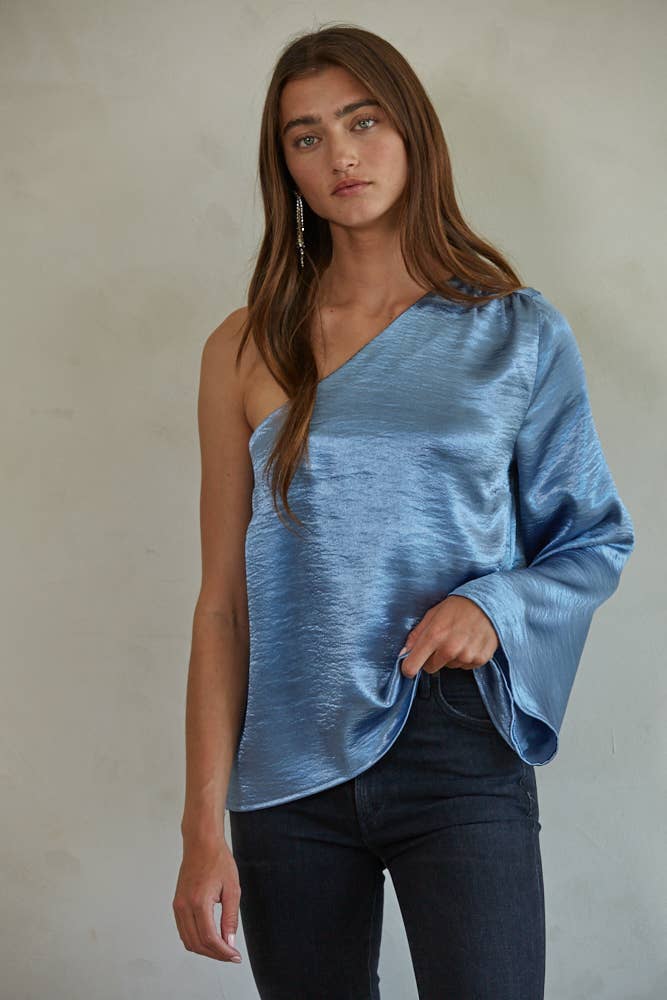 One Shoulder Long Sleeve Top: Blue Teal