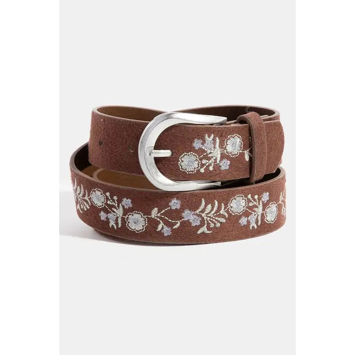 Soft Floral Embroidered Vegan Leather Belt