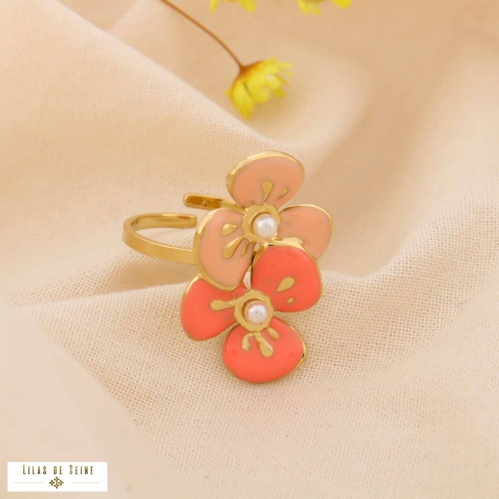 Stainless Steel Ring Duo of Enamel Flowers 0425001: Pink