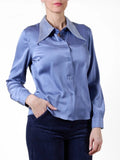 Angela Mara - Blue Satin Blouse with Sparkle Collar