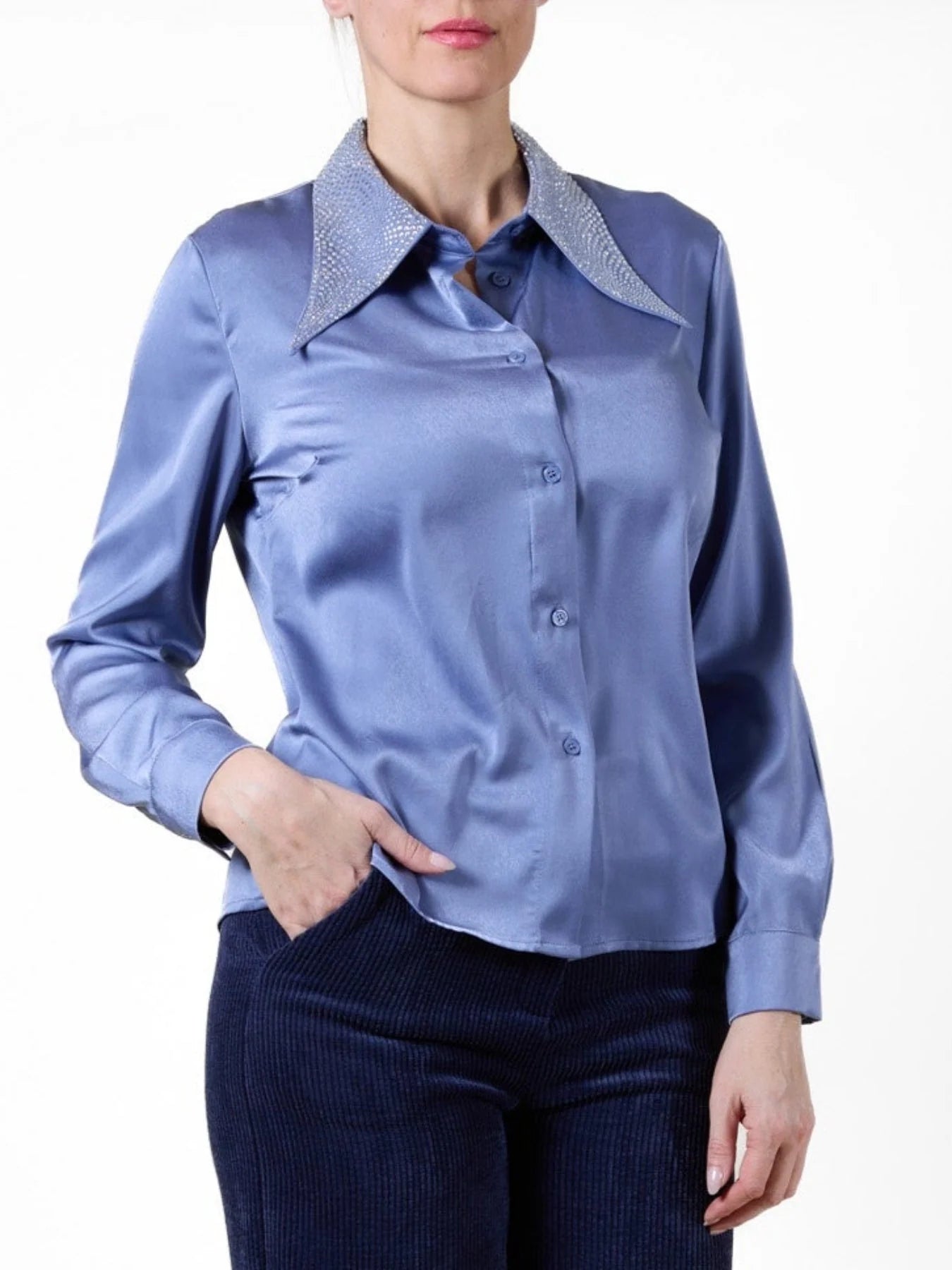 Angela Mara - Blue Satin Blouse with Sparkle Collar