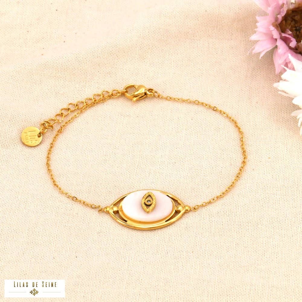 Stainless steel bracelet. natural stone eye pendant 0224009: White
