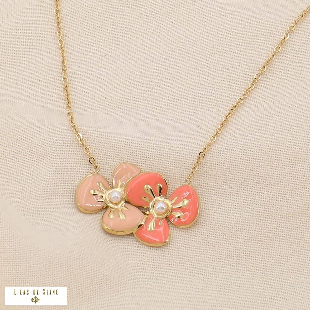 Steel Necklace Duo of Flowers Enamel Pendant 0125032: Yellow