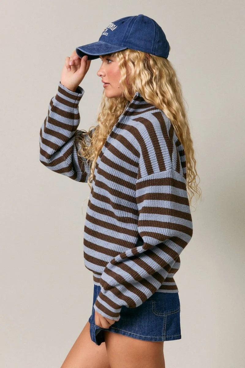 Long Sleeve High Neck Stripe Sweater Jacket