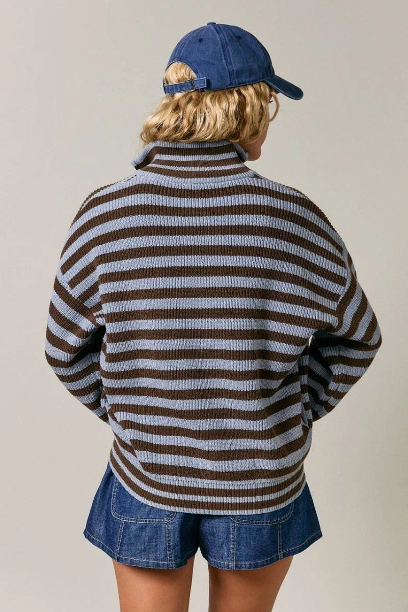 Long Sleeve High Neck Stripe Sweater Jacket