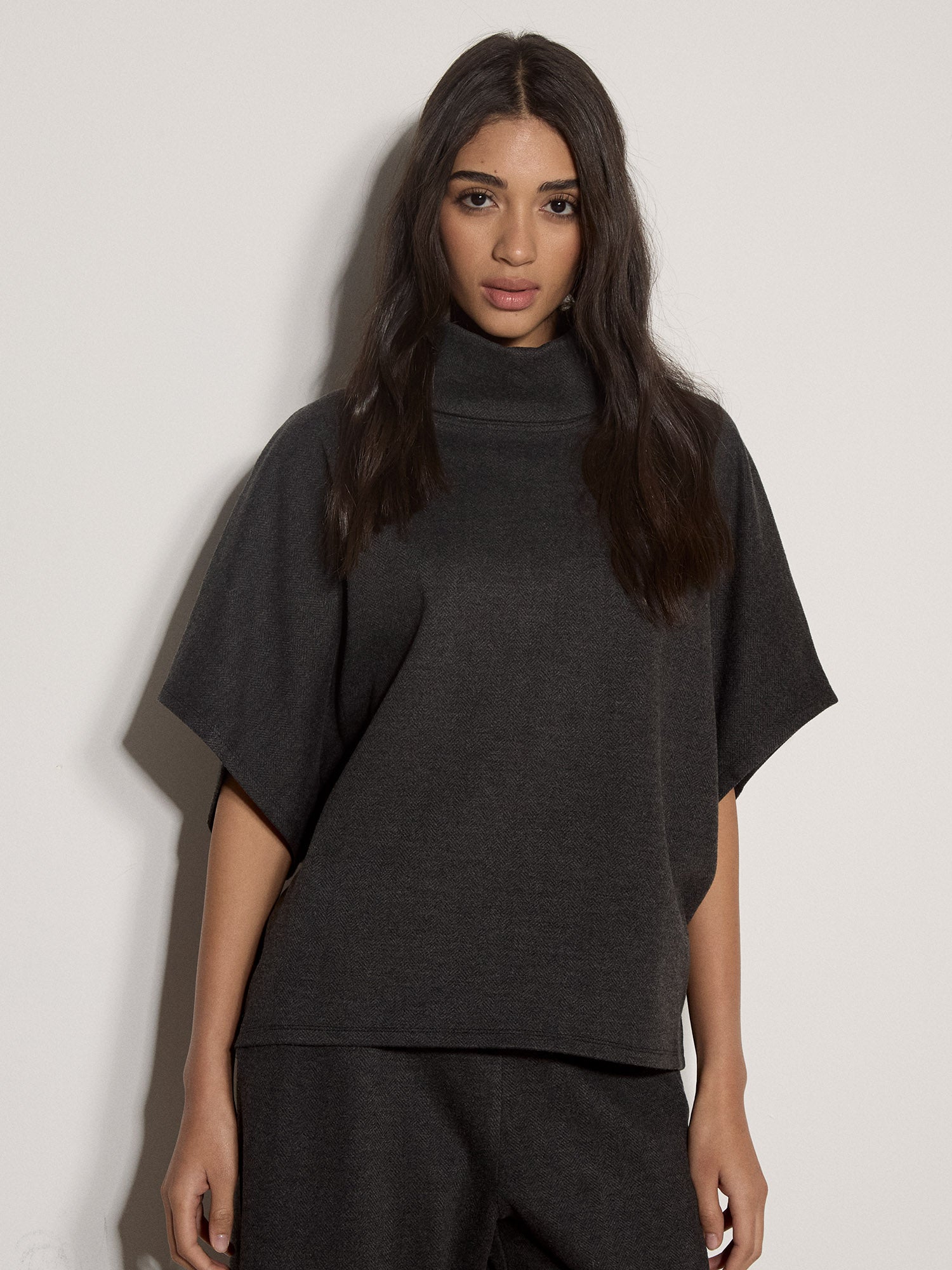Apricot Herringbone Roll Neck Cape Top