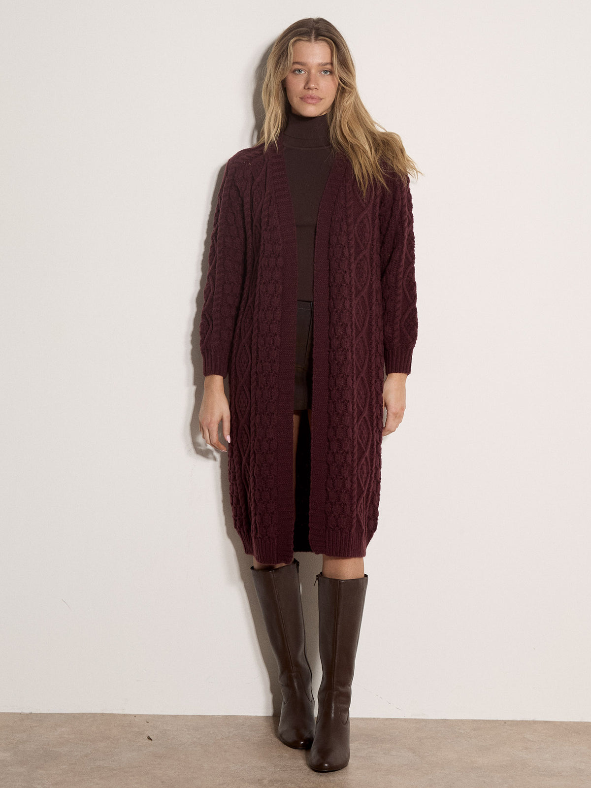 Apricot - Burgundy Cable Knit Open Midi Cardigan